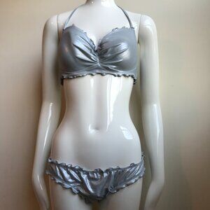 SunDazed 34 DD Bra cup solid silver metallic underwire top set shirred ruffled